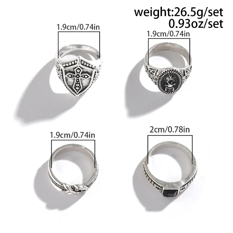 4Pcs Retro Simple Stainless Steel Opening Adjustable Wide Ring Men\'s Gothic Pattern Metal Ring Casual Jewelry