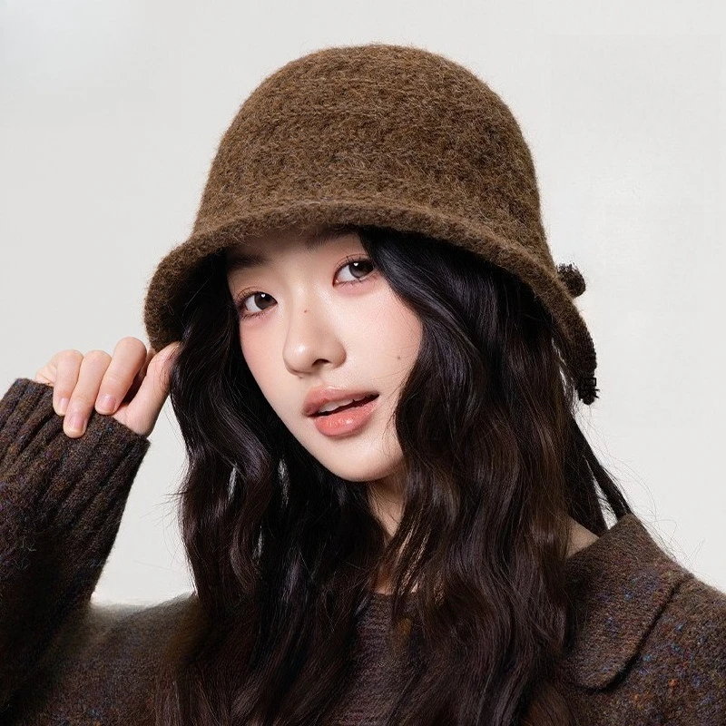 South Korea Autumn and Winter New Rear Split Knitted Fisherman Hat Girl Foreign Style Show Face Small Bow Thermal Basin Hat