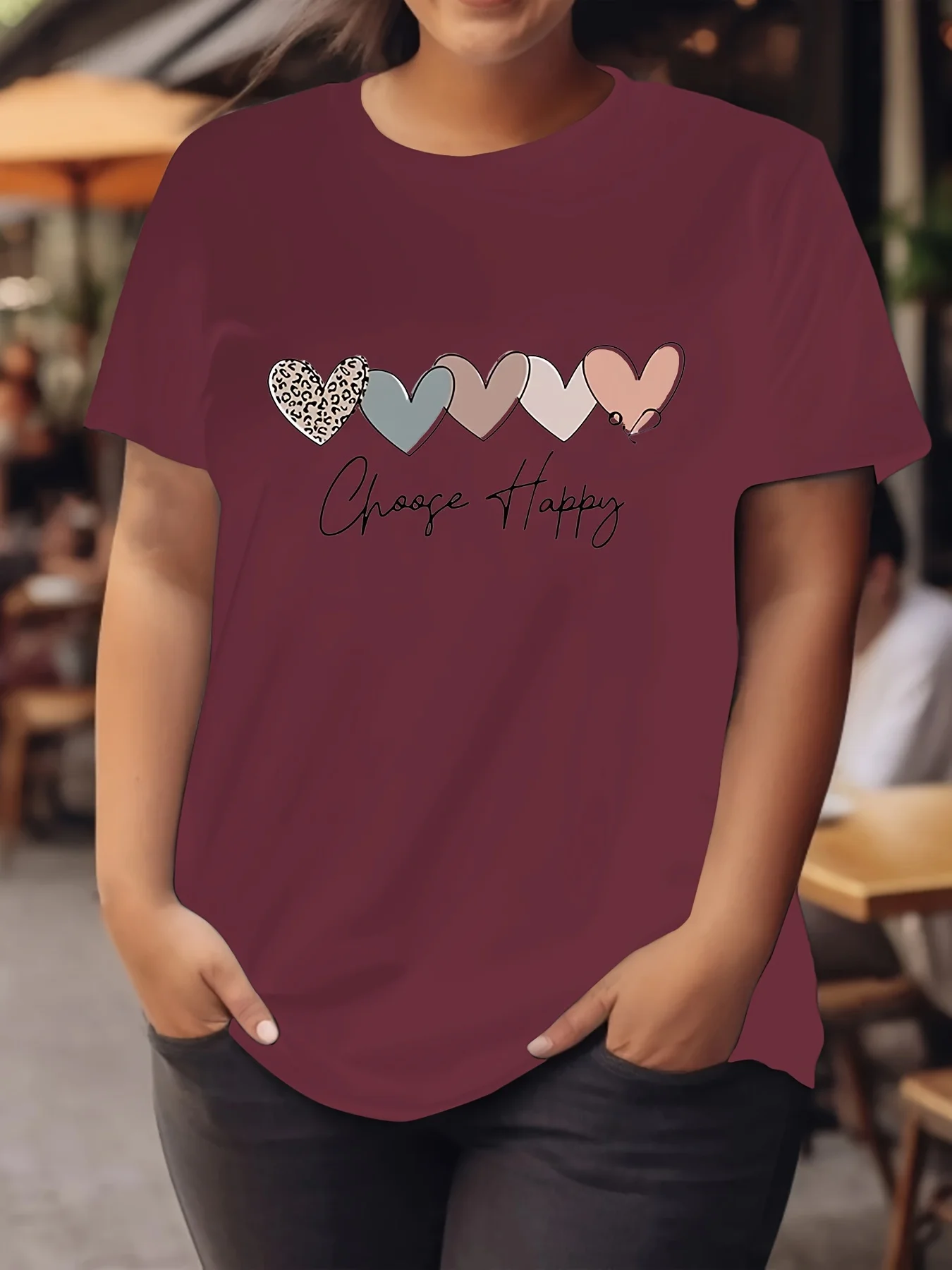 Choose Happy Women's Tee - Boho Leopard Heart Graphic Maroon Top