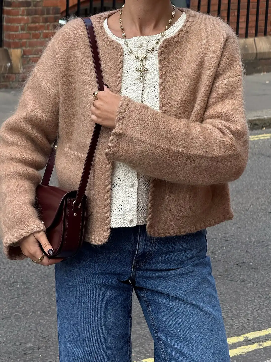 اليومية الصلبة قصيرة كابل سترة متماسكة المرأة عادية كم كامل انخفض الكتف اقتصاص محبوك بالأزرار سيدة الشارع تريكو #6