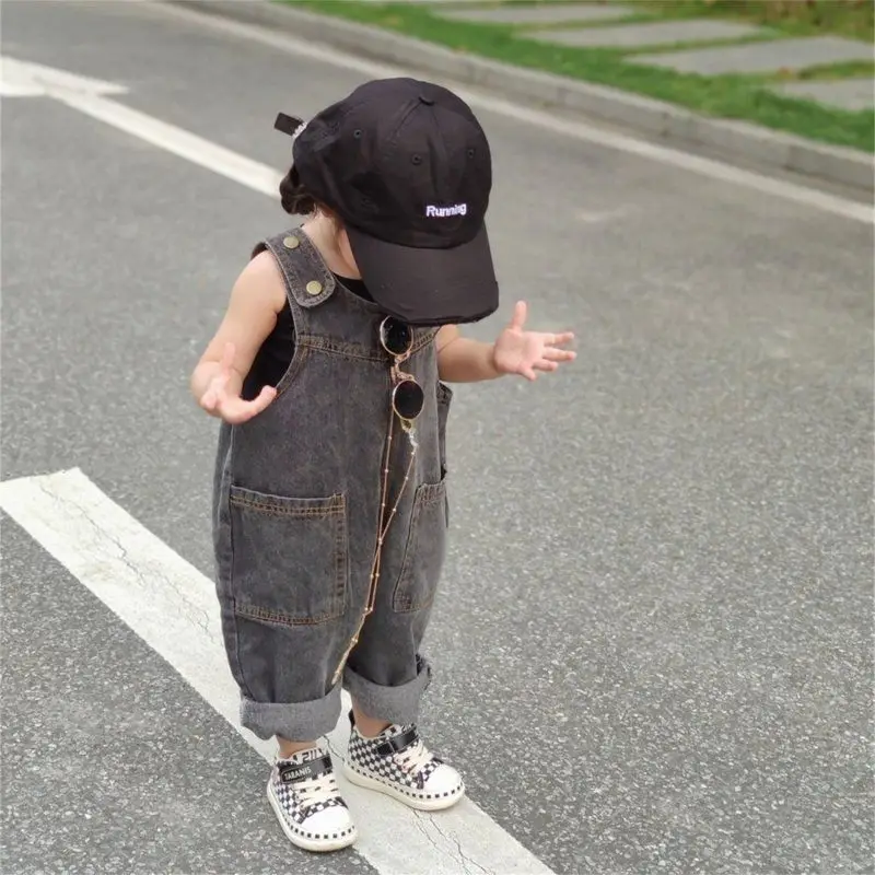 2-9Y Children\'s Jeans Pants Korean Spring Summer New 2024 Girls Boys Grey Retro Soft Denim Overall Baby Kid Cute Big PP Jumpsuit