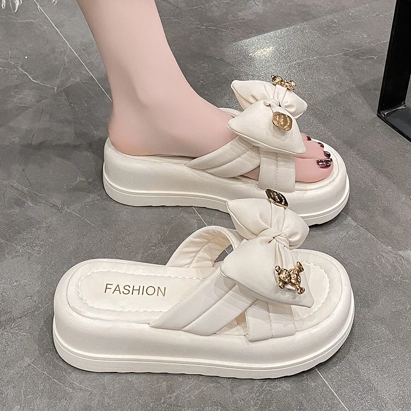 Women's Platform Slippers Fashion Butterfly-Knot Luxury Slippers  2024 New Designer Soft Soled Sandals Woman Summer Flat Shoes