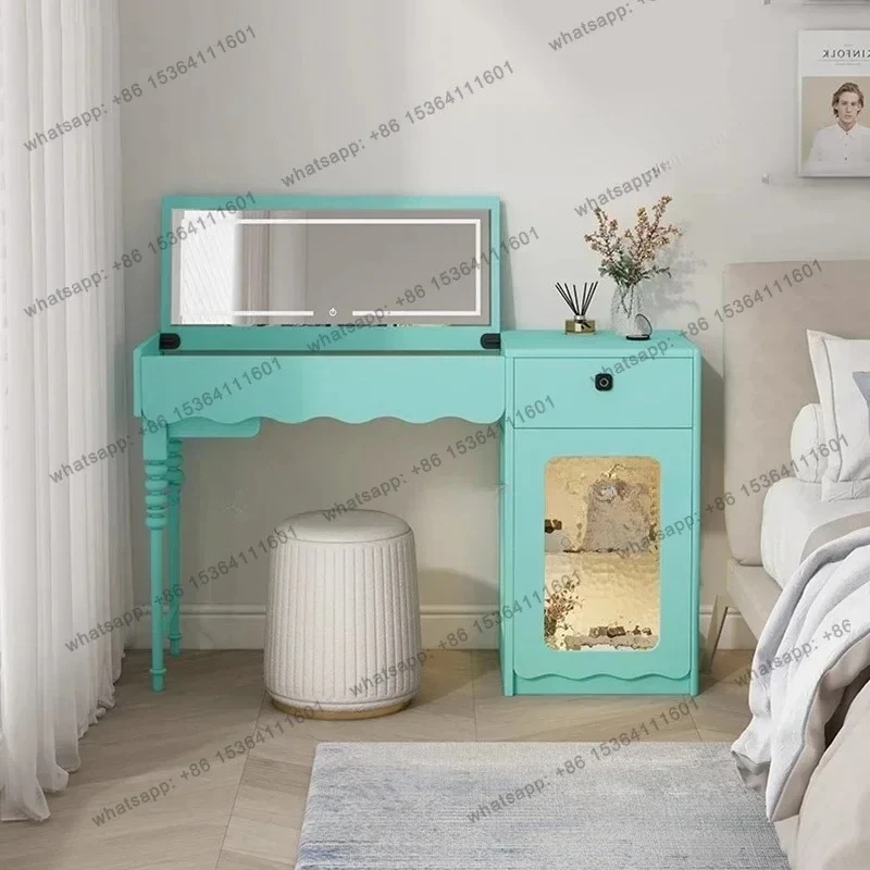 D06Simple Girls Glass Vanity Tables Mirror Led Flip Pink Light Bedroom Dressers Makeup Drawers Small Penteadeira Furniture Home