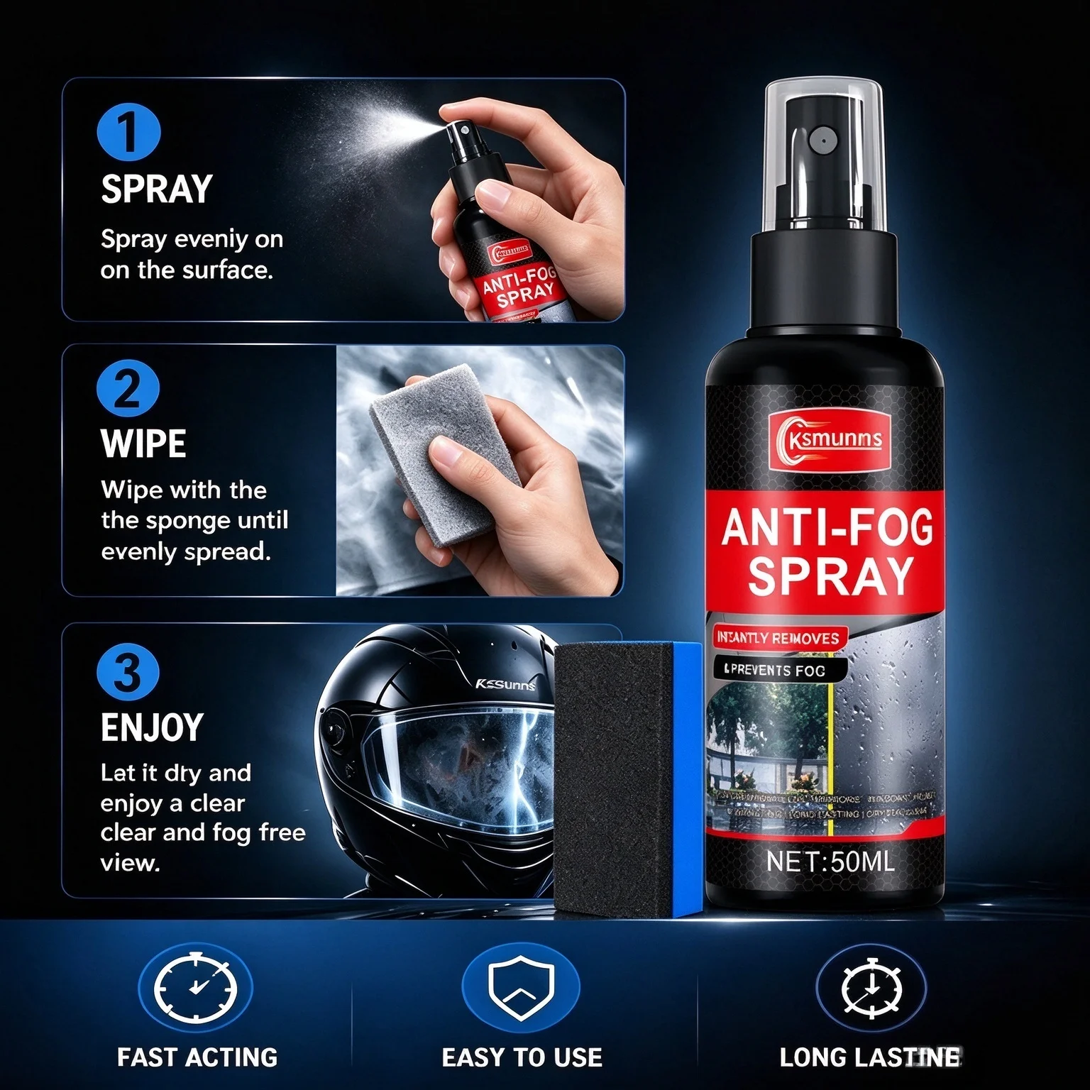 Motorcycle Helmet Anti-Fog Spray, Long Lasting Defogger for Car Windshield, Vehicle Windows, Glasses, Mirrors & Helmets