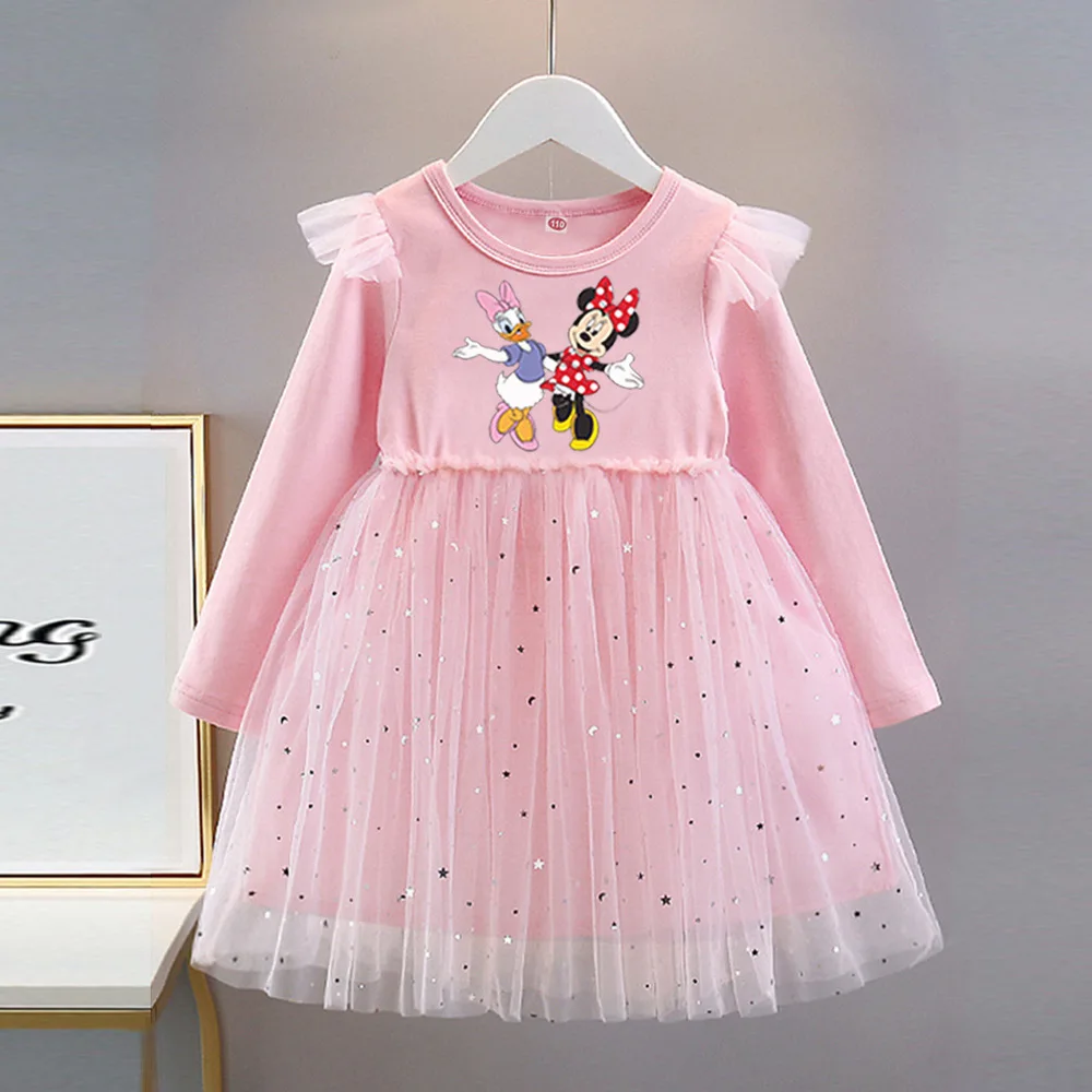여자 스팽글 드레스 디즈니 새 어린이 옷 가을 긴 소매 어린이 미니 공주 드레스 아기 소녀 생일 파티 2-8Y