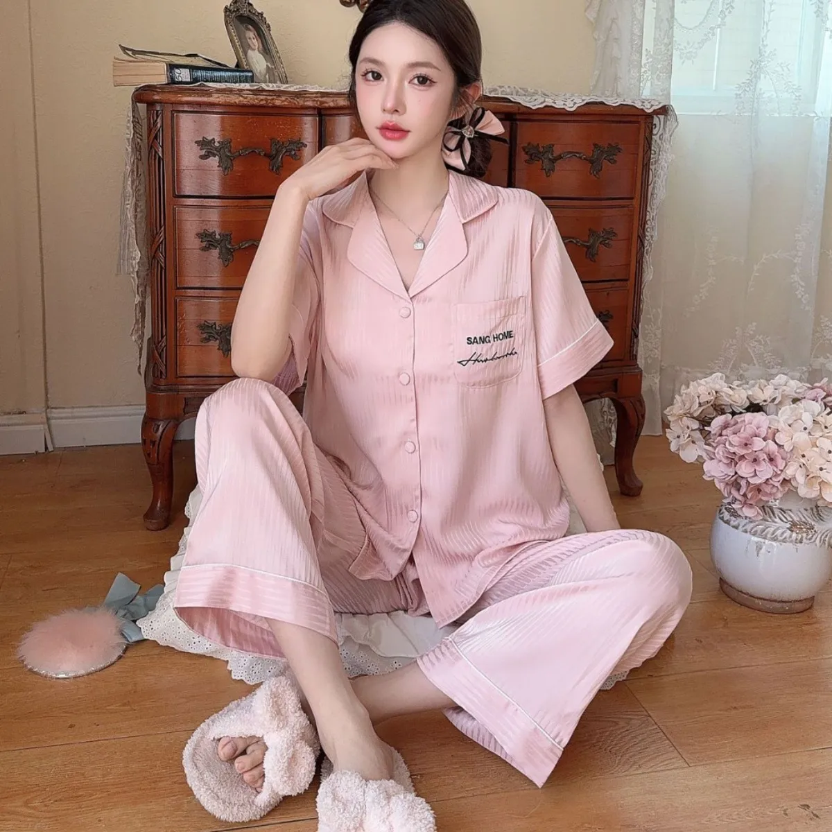 

Women's Pajama Pocket Embroidered Satin Comfortable Short Sleeve Button Pajama Lounge Pant For Women Sleepwear