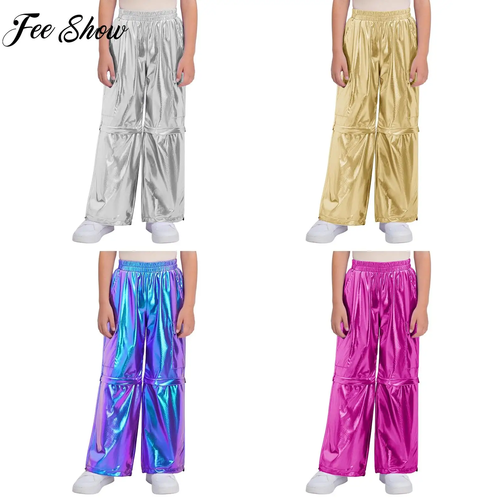 Boys Girls Zip-Off Metallic Cargo Pants Kids Carnival Party Hip-Hop Jazz Street Dance Costume Stretchy Leg Openings Trousers