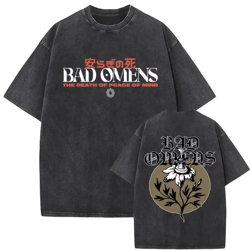 

Washed Vintage Bad Omens Print T-shirt Funny Moth Graphic Tshirt Men Women Fashion Hip Hop Streetwear Short Sleeve T-shirts