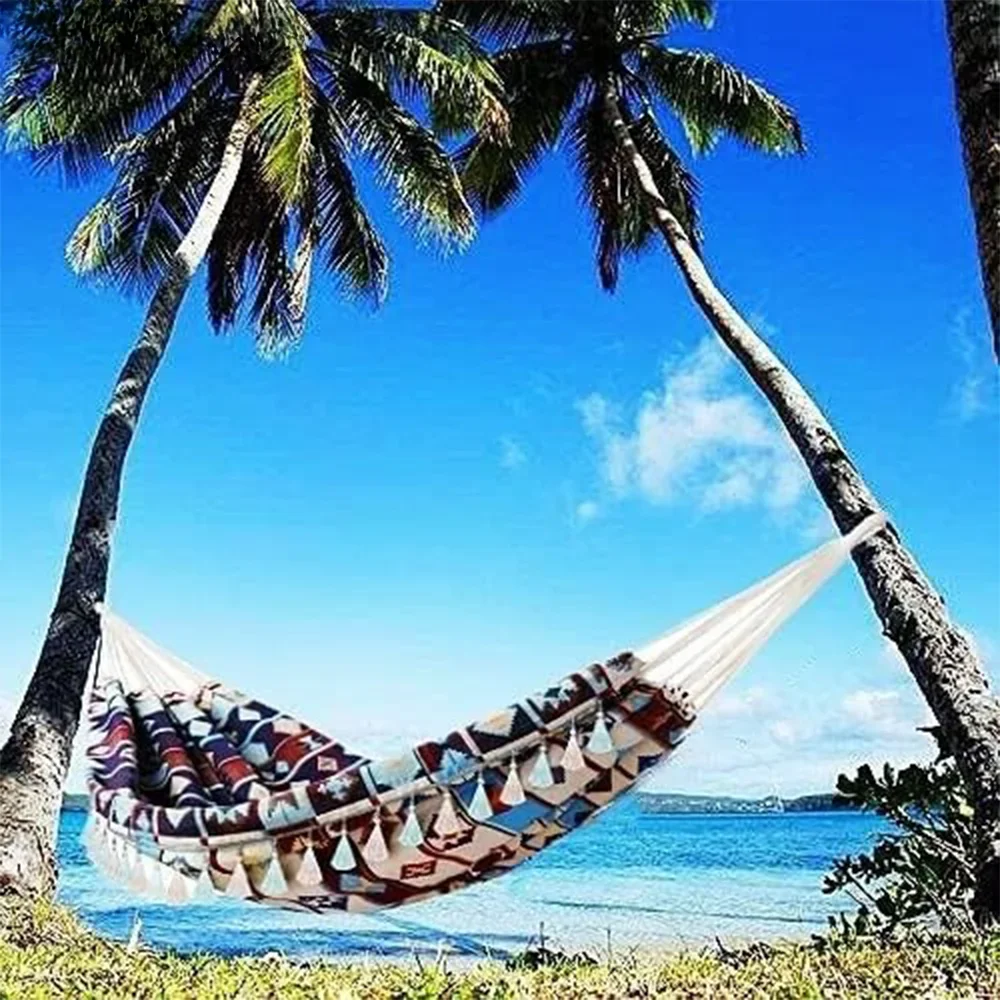 

l # High Quality Indoor and Outdoor Camping Canvas Two Person Printed Tassel Hammock and Rocker Chair