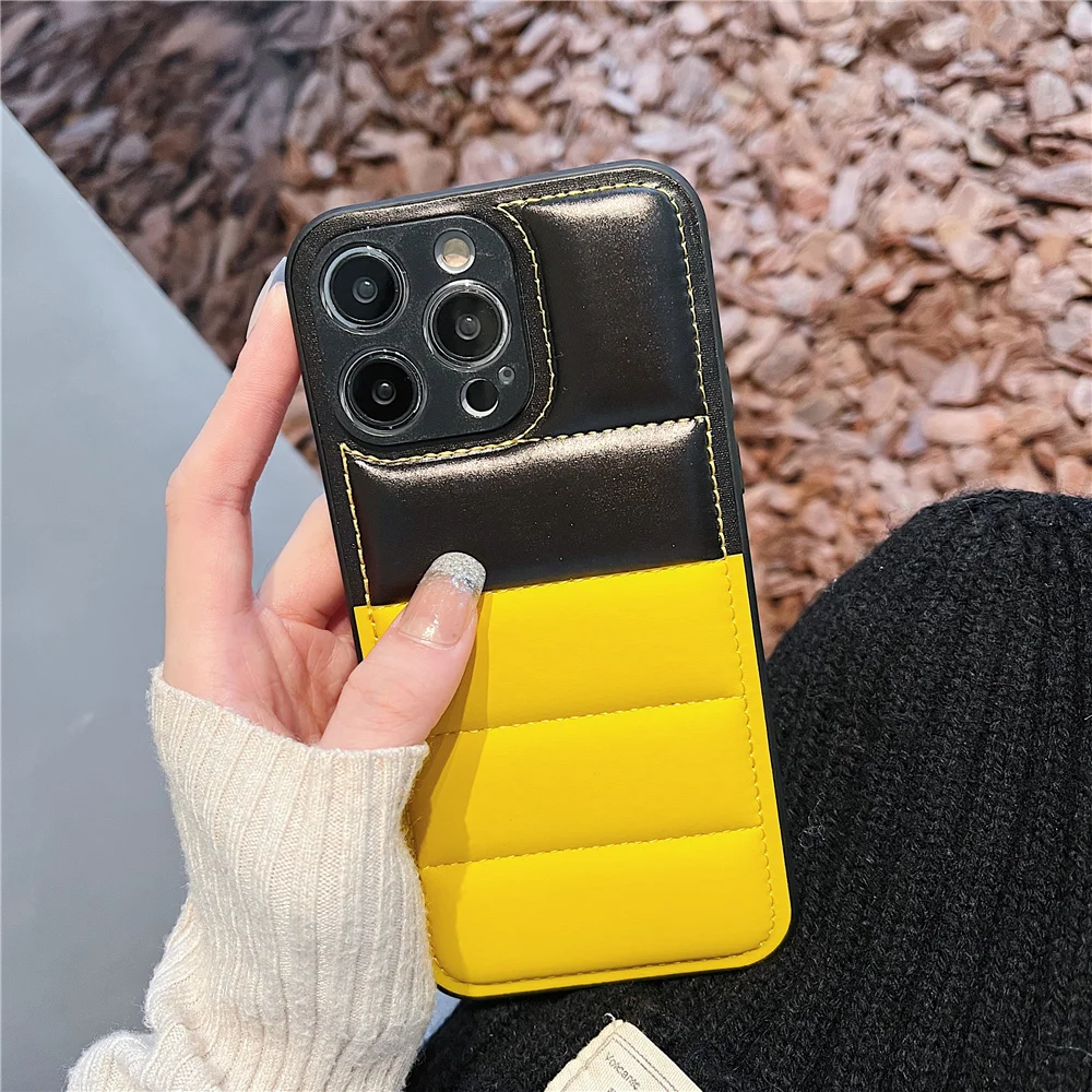 wintertime Color block Puffer Down Jacket Phone Case for iPhone 15 14 13 12 11 Pro Max 14 Pro Max Cover Cute Trendy Soft Case