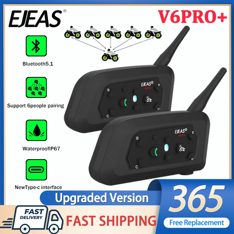 

EJEAS V6 PRO+ PLUS Motorcycle Helmet Bluetooth Walkie Talkie Type C 800M Interphone Communicator for 6 Riders Remote Control