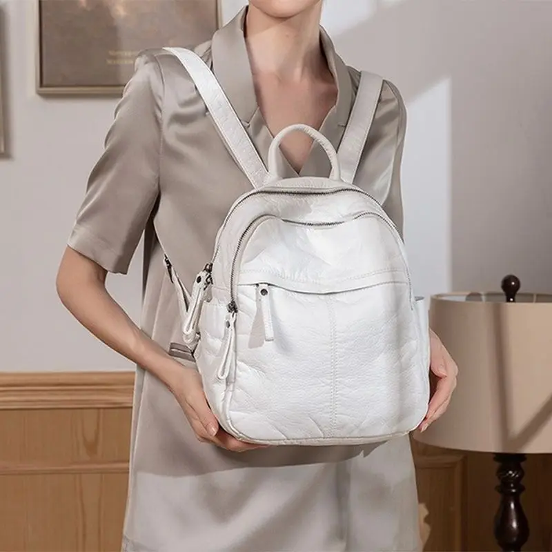 Mochila de piel sintética para mujer, bolso de hombro de cuero suave, de doble capa, de viaje, escolar