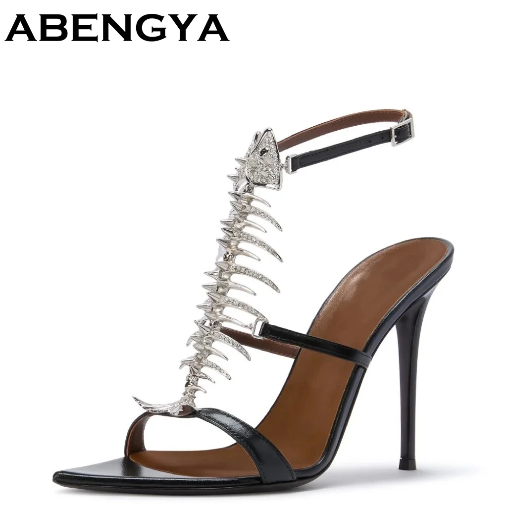 Summer Rhinestone Fish Bone Modern Sandals Women Stiletto High Heels Buckle Strap Mules Fashion Lady Shoes Women's Sandals