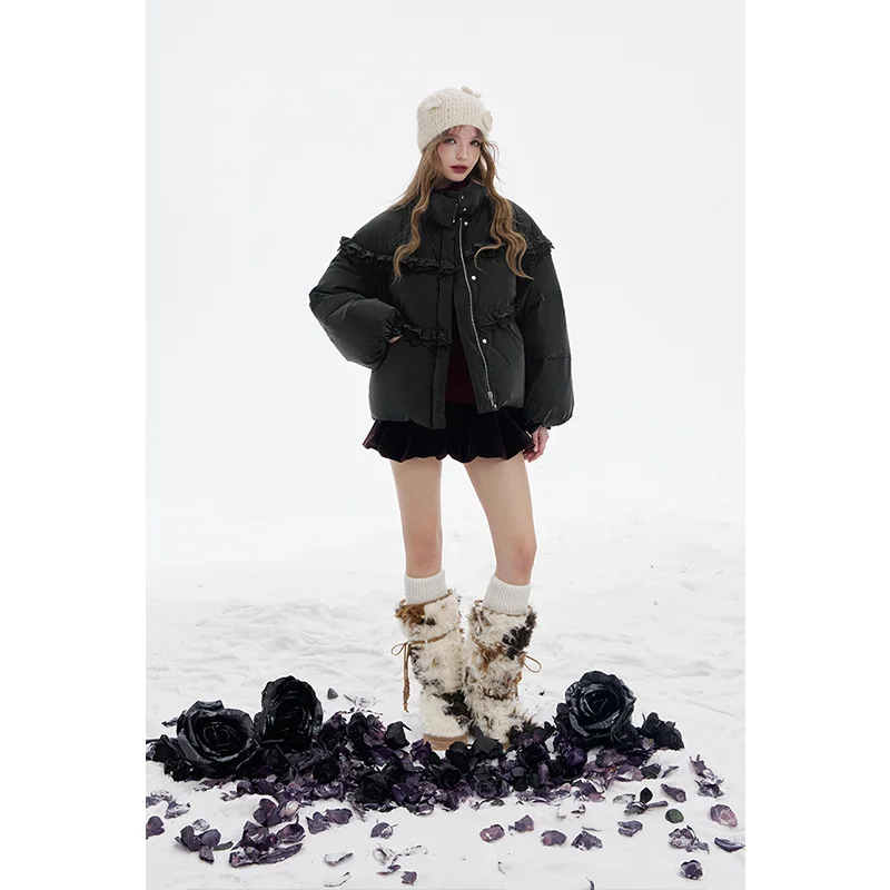 ELFSACK 2025 الشتاء الوافدين الجدد Y2K الصلبة كشكش ستراند طوق سترة منفوخة للأسفل للنساء