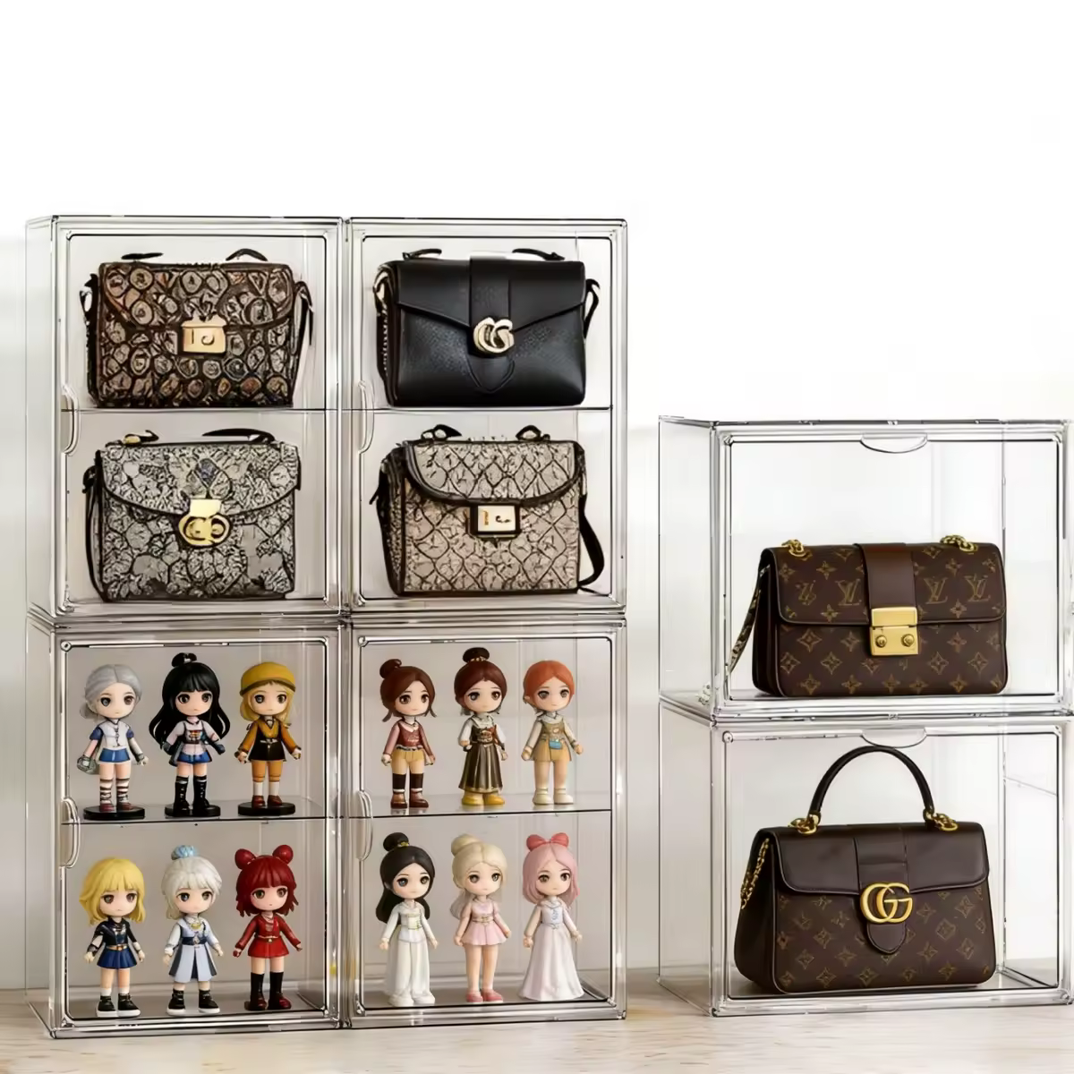 XL Stackable Clear Display Case with Magnetic Door, Handbags Organizer, Dustproof Storage Box for Book, Figures, Boots, Cosmetic