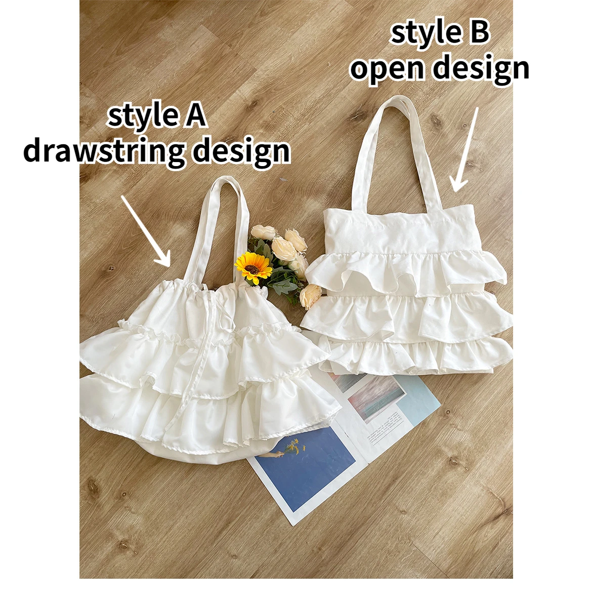 Sweet Ruffle Women\'s Canvas Shoulder Bag College Girls Book Tote Bag Package Female Large Capacity Shopping Bags Travel Handbags