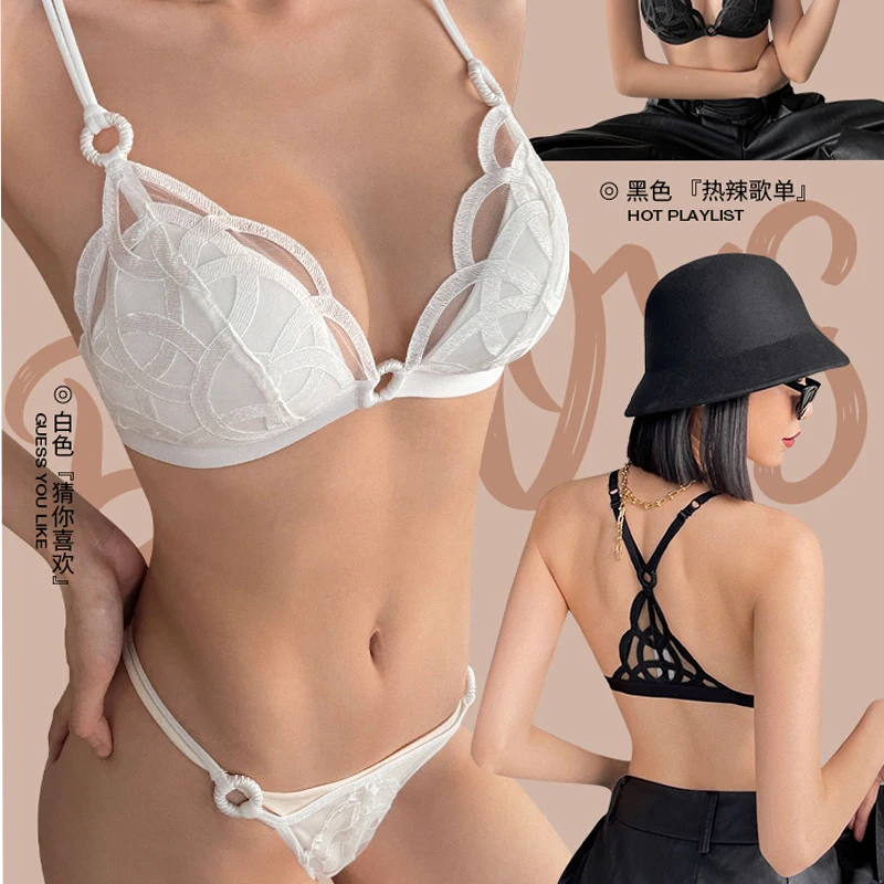 French Sexy Backless Lingerie Lace Ultra Thin Bra Set for Women Summer Triangle Soft Cup Mesh Breathable Brassiere and Thong Set