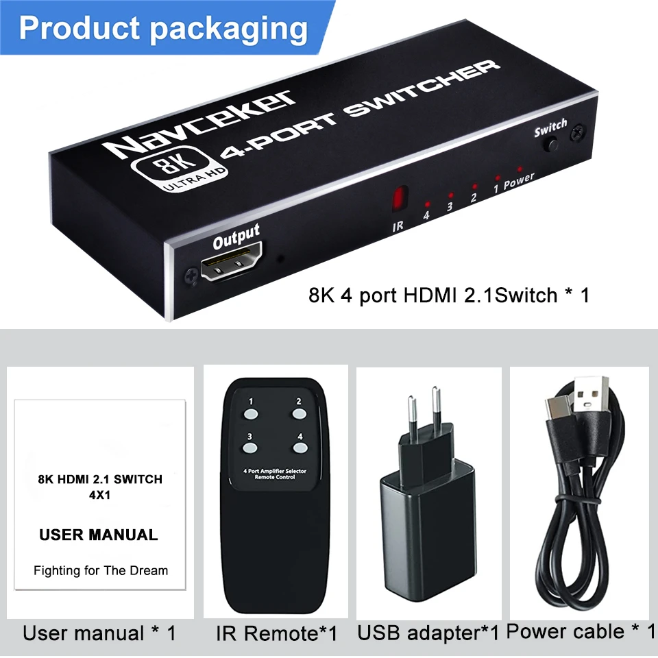 Navceker 8K HDMI 2.1 Switcher Selector 4K 120Hz HD Switch HDMI Splitter 4 In 1 Out 3 In 1 Out for laptop PC Switch TV Box PS5