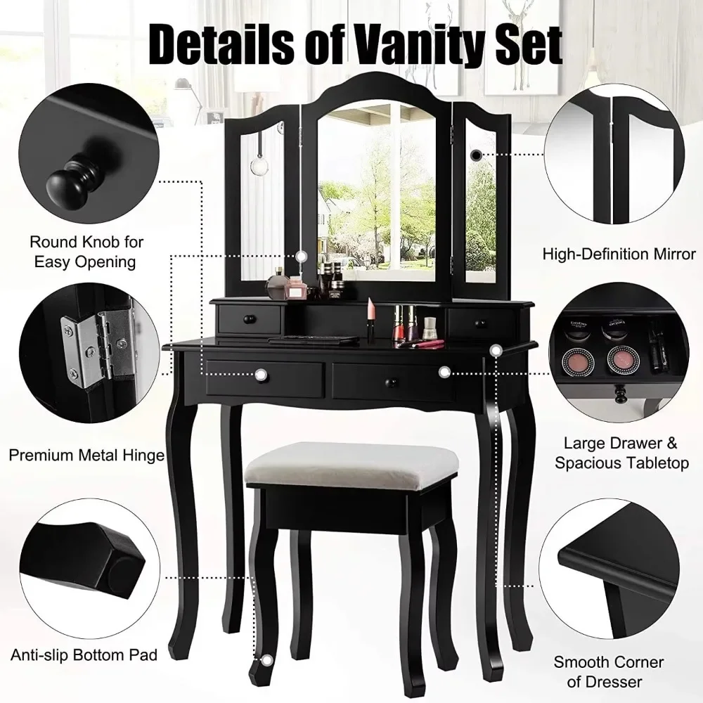 Black Dressing Vanity Desk Set with 4 Drawers and Tri-Folding Mirror Modern Makeup Table for Bedroom Bathroom