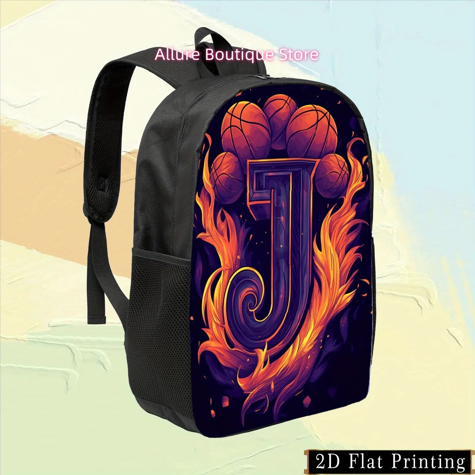 1pc Colorful Single-Sided Print Student Backpack with J Letter Flame Basketball Print, Unique Zipper, Versatile Commuting Bag wi