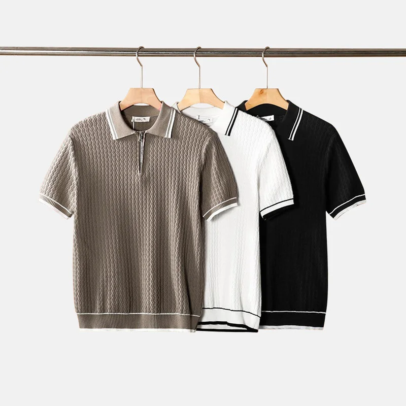 

Men's High-end Fashion Ice Silk Business Casual Vintage Short Sleeve Knitted T-shirt Summer Sweater Polo Shirts Tops