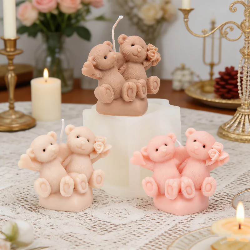 

3D Hugging Bears Silicone Candle Mold Cute Couple Teddy Bears with Rose and Heart Resin Mold Handmade Anniversary Romantic Gifts
