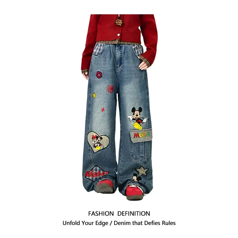 

Disney women pants Mickey Mouse Women Jeans Autumn Winter New American Retro Embroidered Loose Wide Leg Denim Streetwear Pants