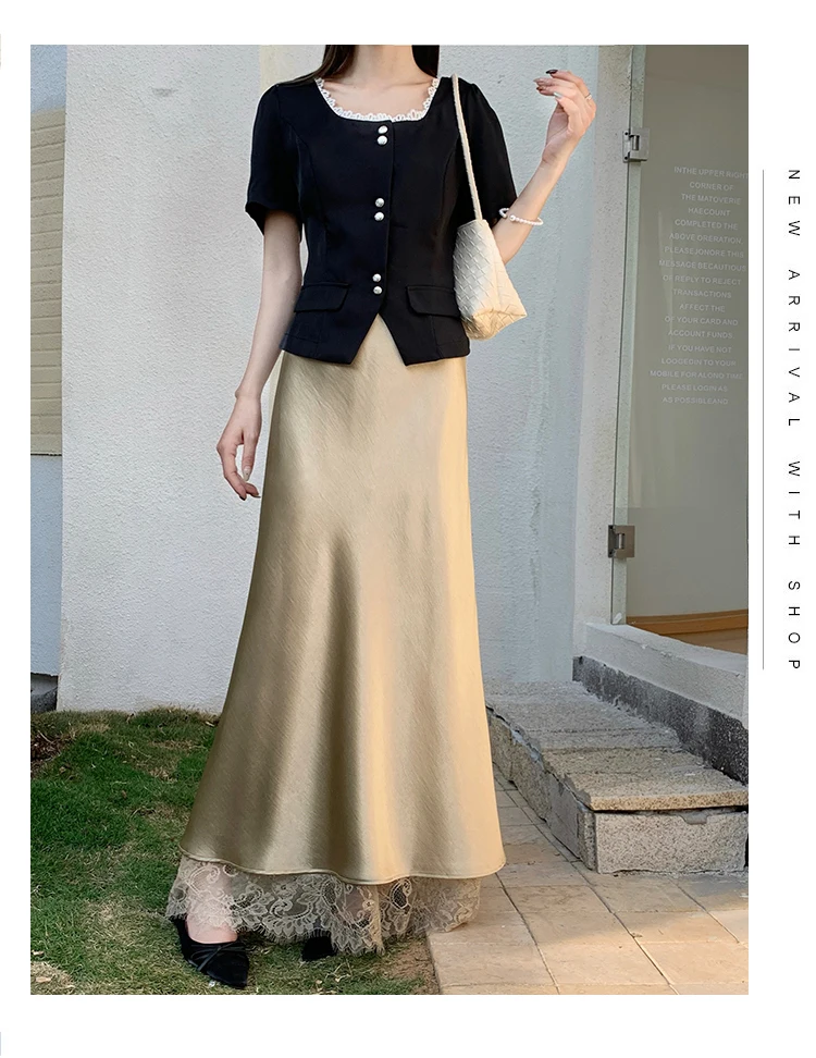 2026 Sommer Herbst Neuer Schlanker Hochwertiger Modischer Halbrock Eleganter Spitzenbesatz Satin Seitenschlitz Damen Midi-Rock – Detail 22