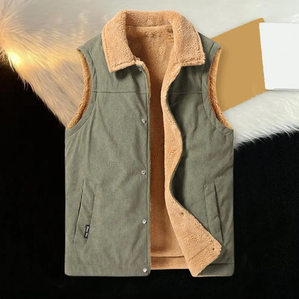 

Men Winter Waistcoat Velvet Lining Corduroy Vest Coat Lapel Sleeveless Single-Breasted Thickened Vest with Pockets