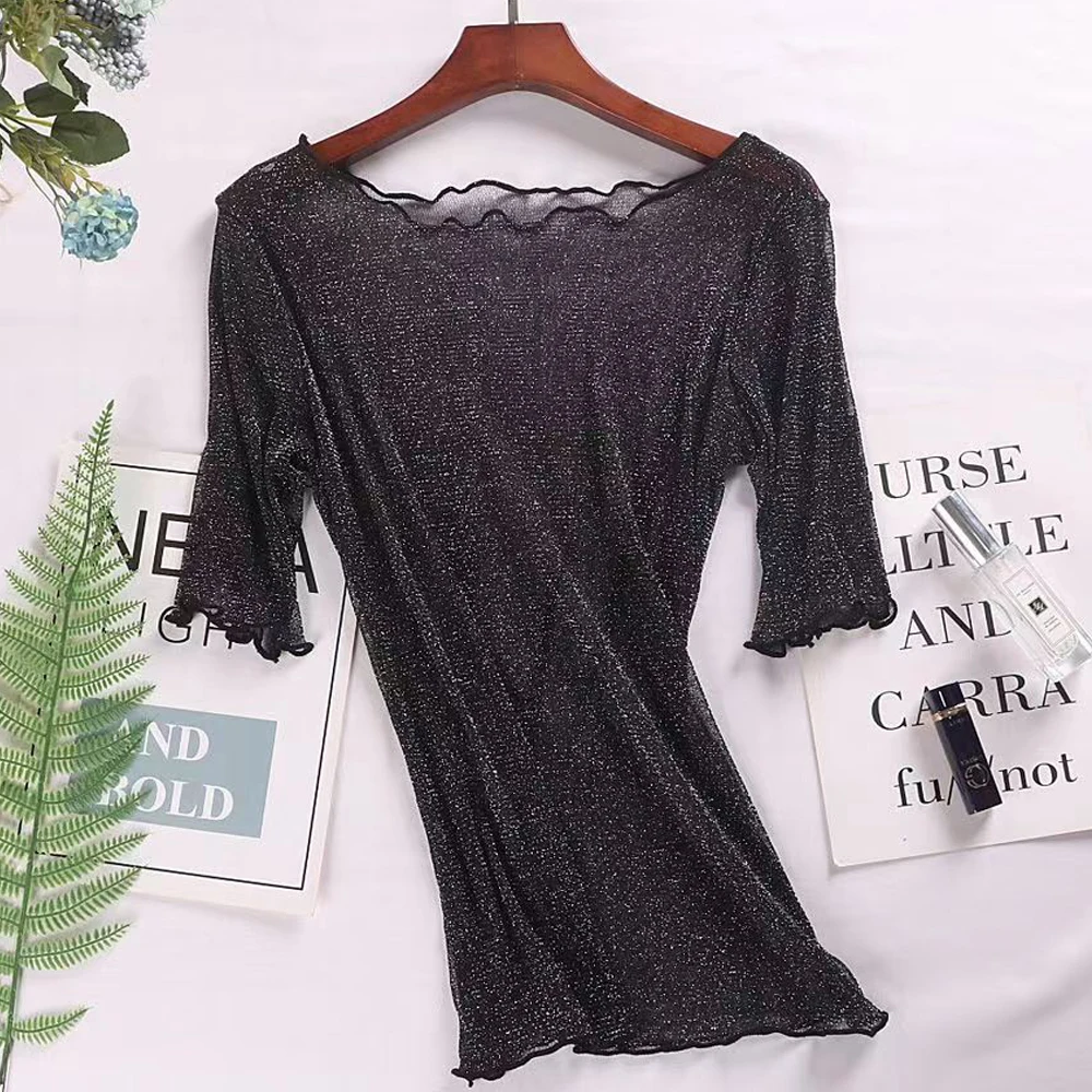 

Black Transparent Short Sleeve T-shirt Women Edible Tree Fungus Elastic T Shirt Girl Y2K Silver Shiny Female Blouses Top Clothes