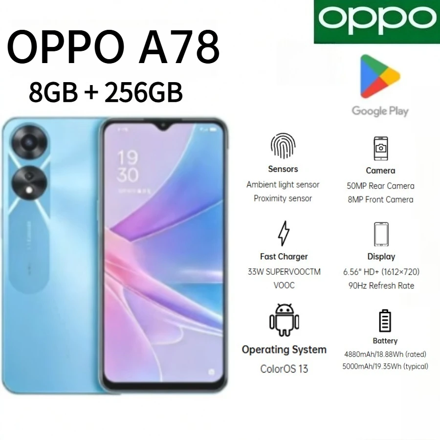 

2026 Latest Model OPPO A78 Global Version, 8GB+256GB, Dual Nano SIM, 50MP AI Camera, Wi-Fi Bluetooth Unlocked Android Smartphone