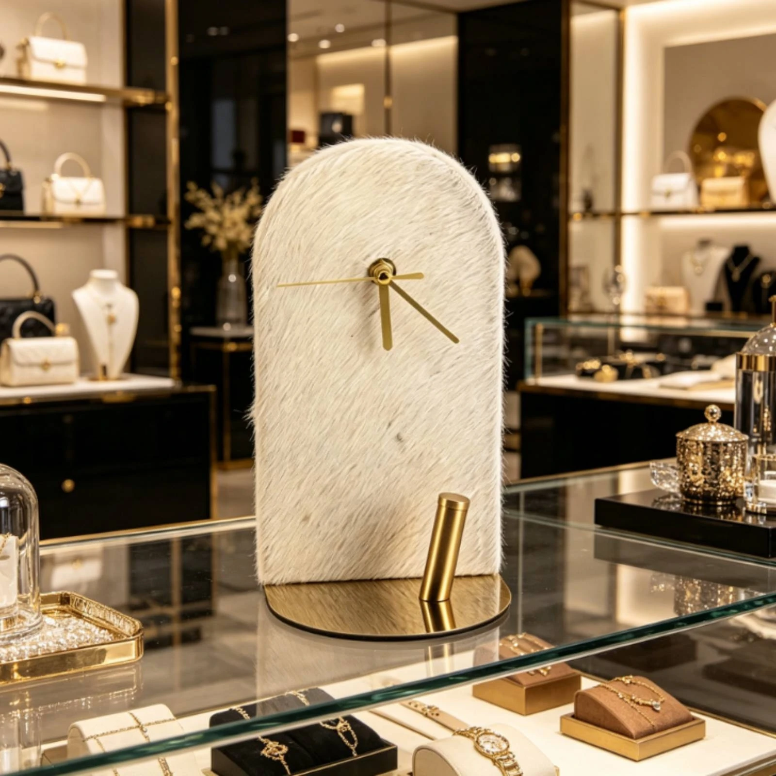 Horloge de bureau cintrée dorée avec base ronde, décor sculptural minimaliste pour étagère, console