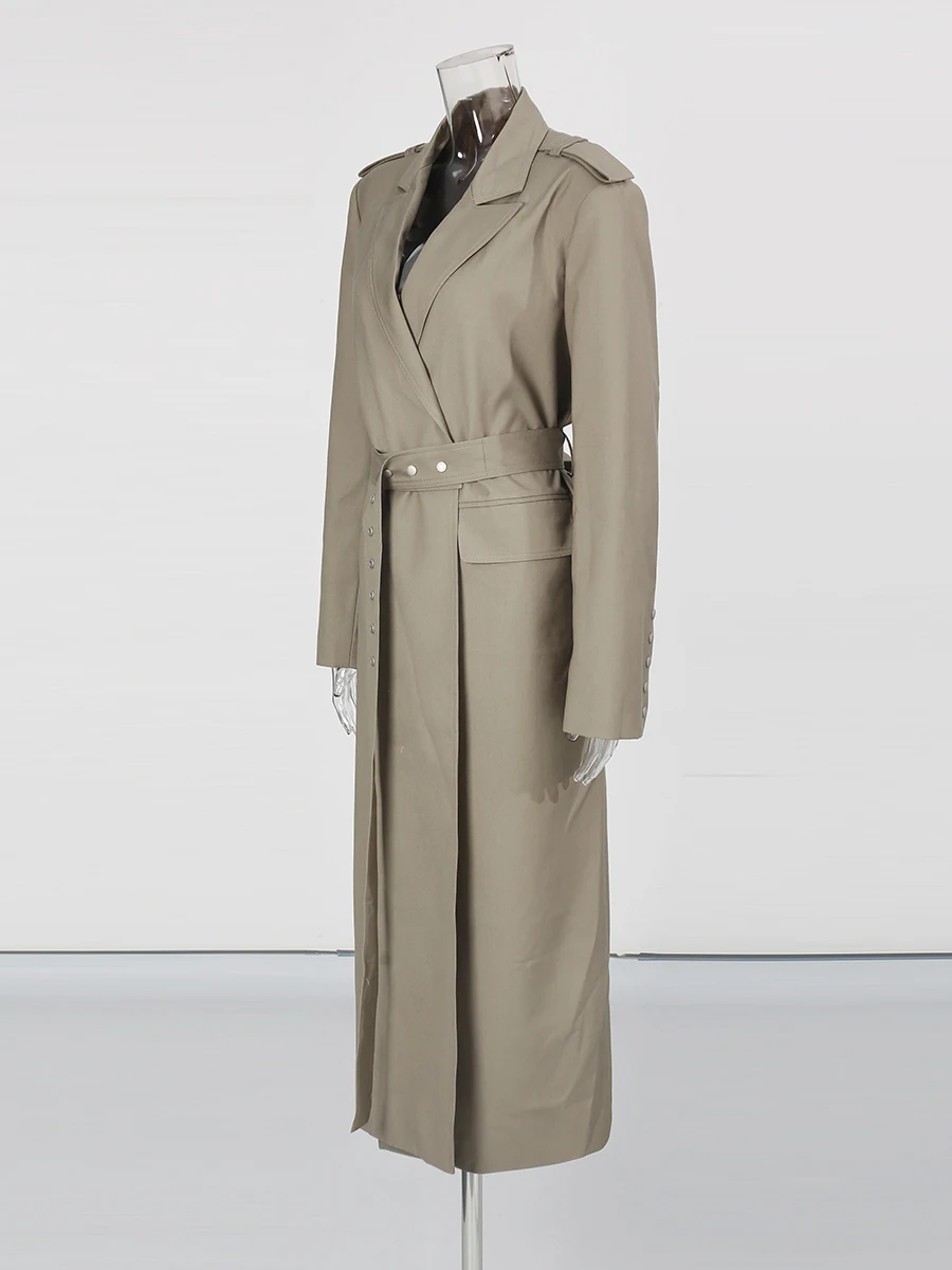 TWOTWINSTYLE Solid Slimming Spliced Lace Up Temperament Jacket for Women Lapel Long Sleeves Patchwork Pockets Trench Female New