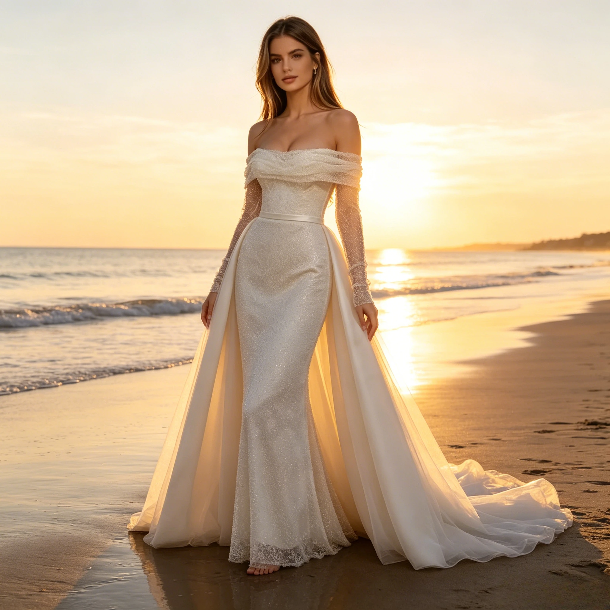 Customized Luxury One Shoulder Long Sleeved Sequined Fish Tail Wedding Dresses 2026 White Detachable Tail Slimming Bridal Gown