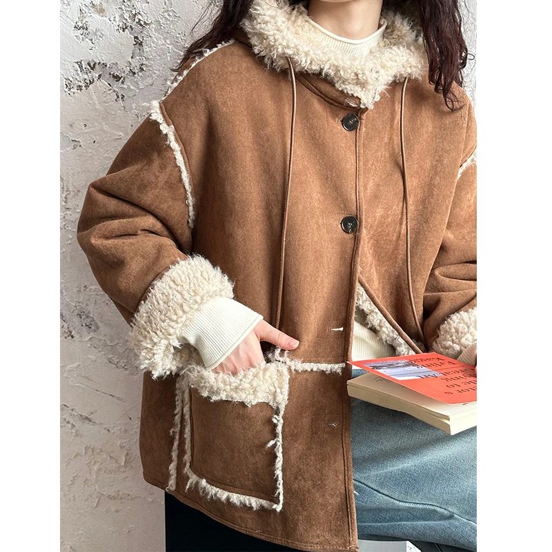 2024 New Women Winter Warm Thick Coat Jacket Women Furry Inner Coat O-Neck Tops Single Button Coat Casaco Feminino