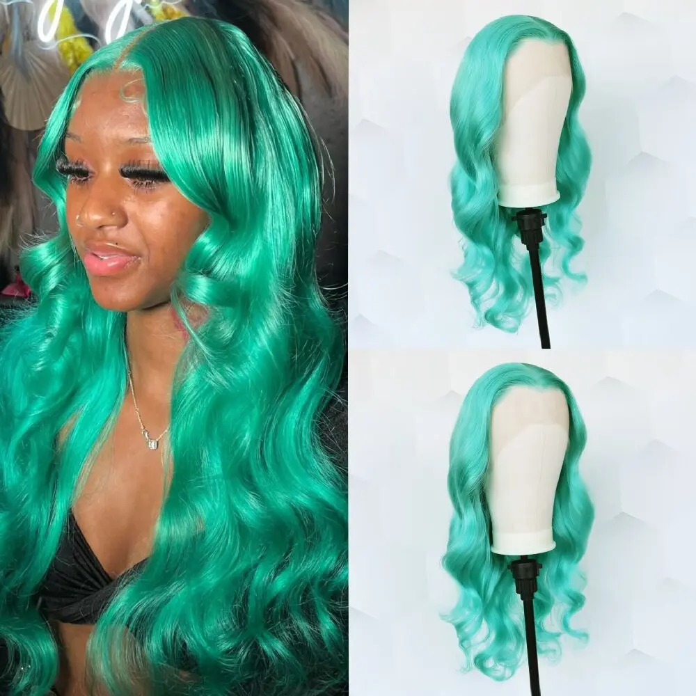 Body Wave Hair HD Pre-Extracted Hairline Real Wigs 13x4 Front Lace Mint Green Wigs Brazilian Native Real Hair High Density Wigs