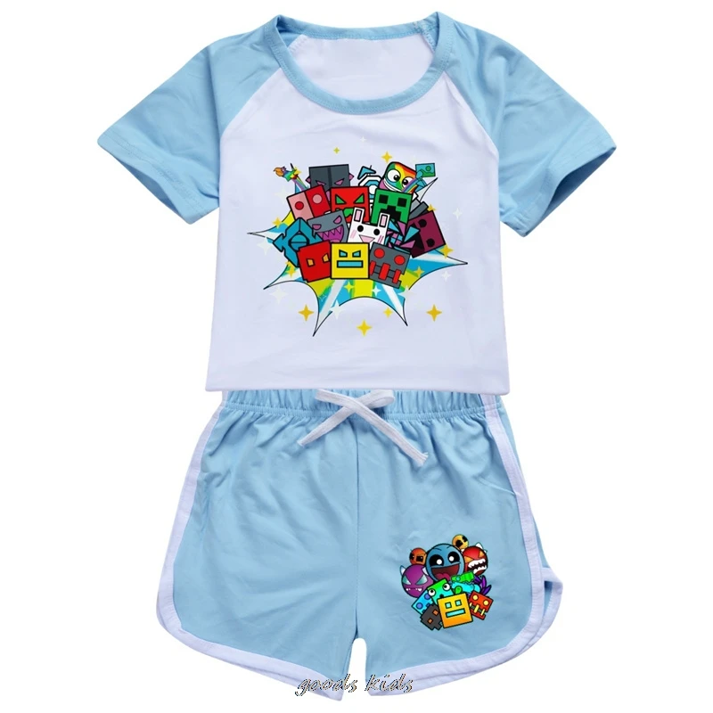 Hot Summer Geometry Dash Girls Boys Clothing Set Kids Sports T shirt+Shorts Set Children Clothing Casual Comfort outfits Pyjamas