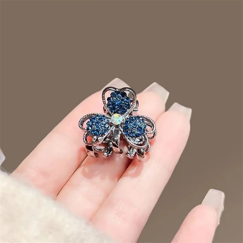 Blue Rhinestone Clover Mini Hair Clip Silver Alloy Small Claw For Bangs Side Hair Girls Lucky Charm Accessories Gift