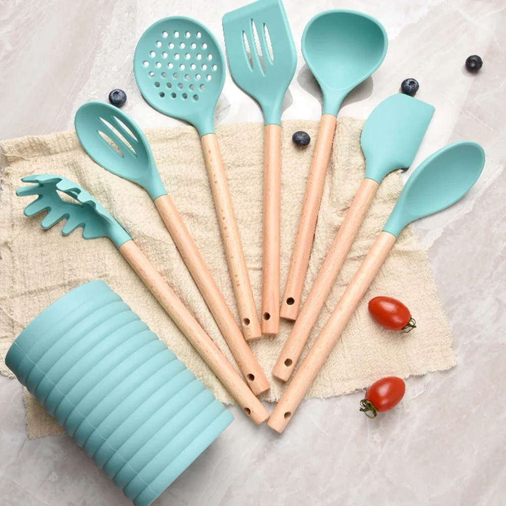 

7 pcs Silicone Kitchenware Set Eco Friendly Non Stick Wooden H Spatulas Baking Utensils Safe Insulation Cookware Household