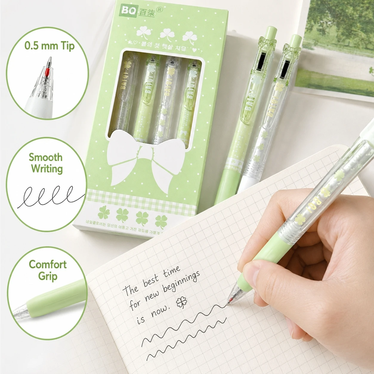 4 Stück mintgrüne Gelstifte, 0,5 mm, einziehbare Stifte für Schulschreiben, schwarze Tinte, schnell trocknend, Schreibwaren, Geschenk – Detail 6