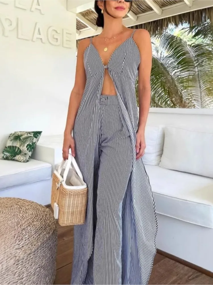 

Striped 2 Pieces Set For Woman Two Piece Outfits Sleeveless Simple Style All-match V-link Casual Beachwear Temperament Pant Sets