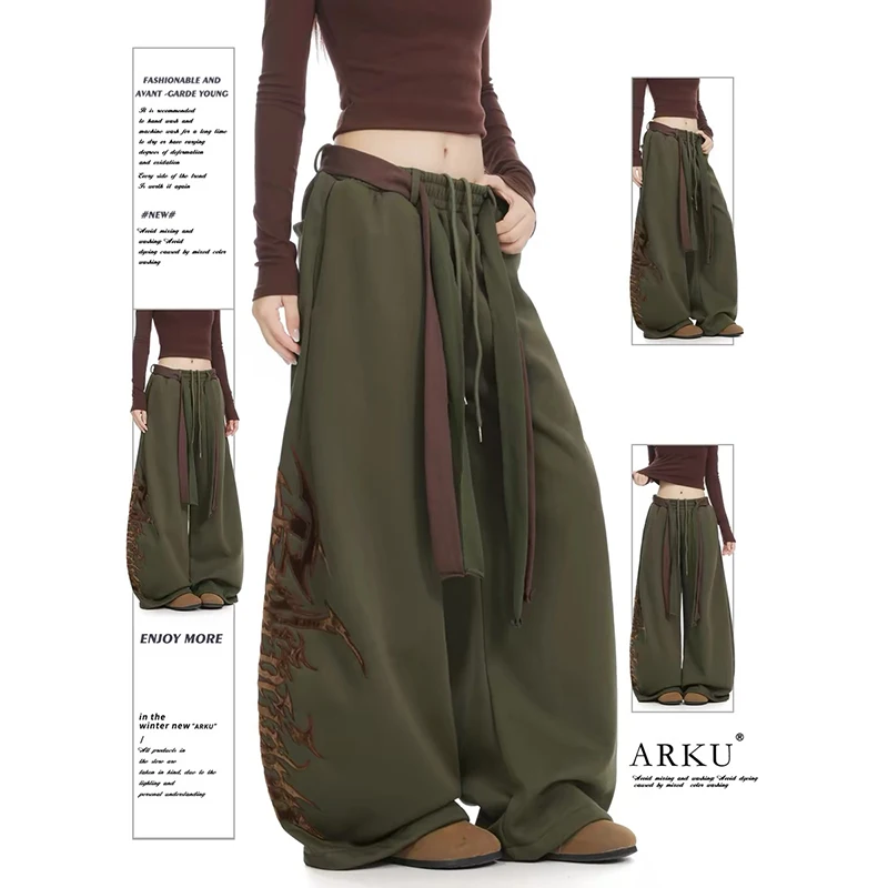 ZHIZOU Women Green Gothic Baggy Y2k Embroidery Pants Harajuku 2000s Vintage Oversize Sweatpants Wide Leg Trousers Spring 2026