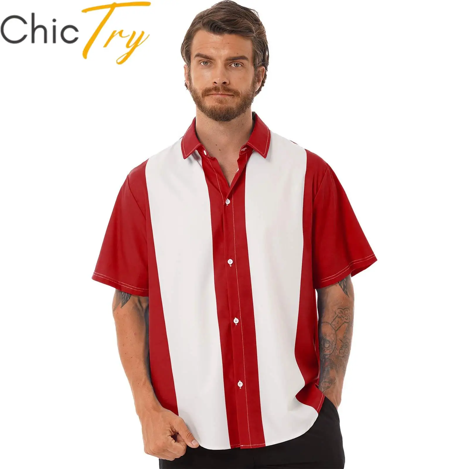 Mens Casual Shirt Color Block Bowling Shirt Cuban Style Short Sleeves Fifties Down Collar Tops Shirt for Business Holiday Beach