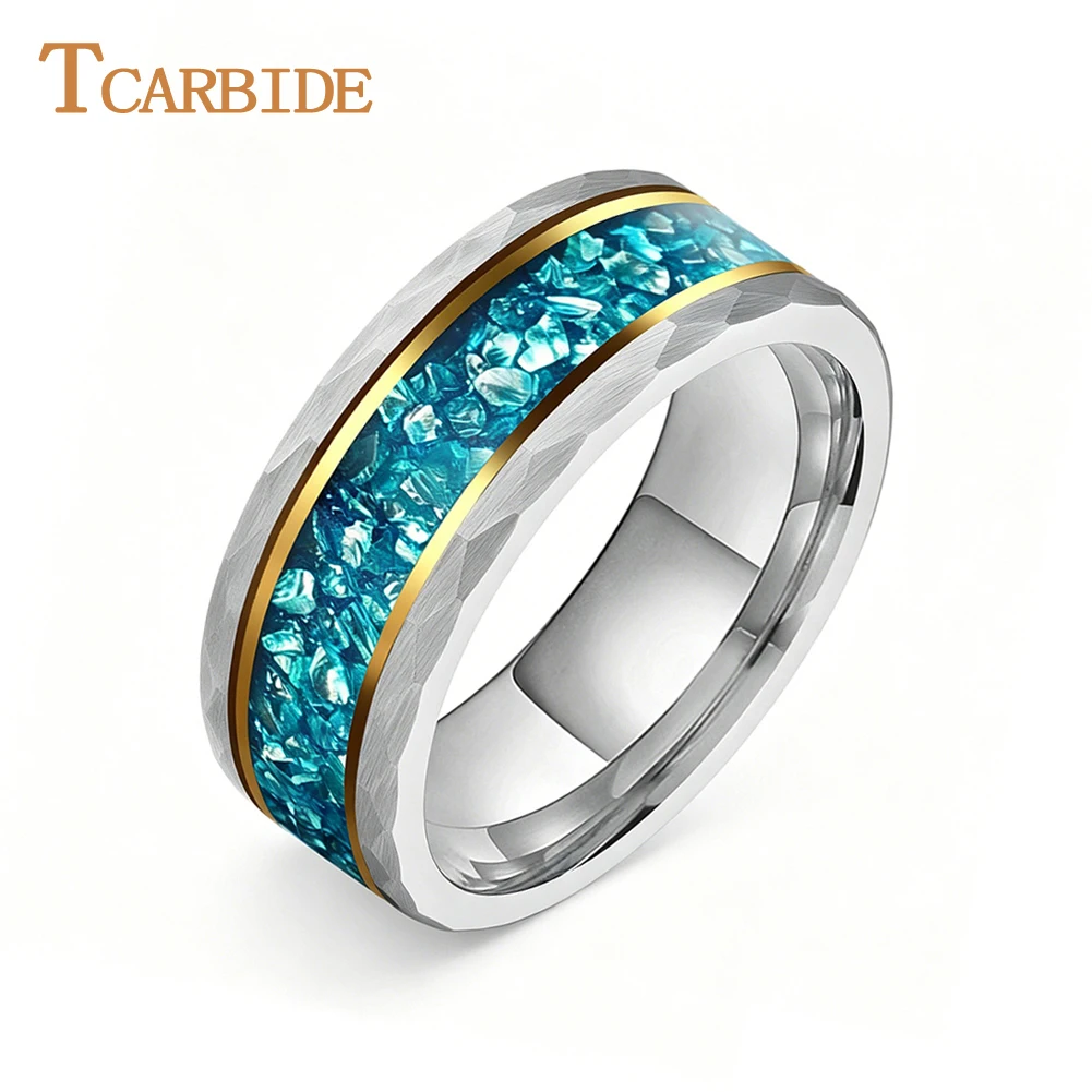 tcarbide-8mm-美しいアクアブルークリスタルストーンインレイ結婚指輪男性女性タングステンハンマーリングコンフォートフィット