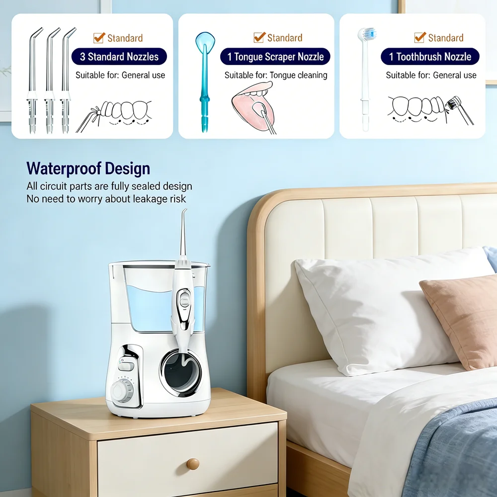 

Настольный электрический ирригатор для полости рта, 10 режимов и 5 сменных насадок, мощный водный флоссер для домашнего использования