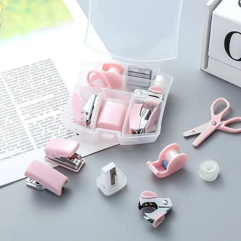 Mini Stapler Staple Punch Hole Tape Machine Set Ins Korean Multifunction Scrapbook Tool Box Back To School Student Supplies