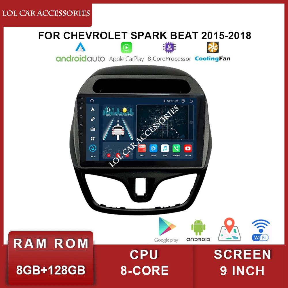 9 Inch For CHEVROLET Spark Beat 2015-2018 Car Radio Stereo 8 Core Android 12 QLED GPS Navigation Head Unit Multimedia Player