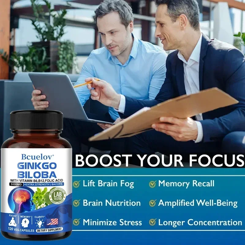 Ginkgo Biloba Capsules Memory Support Supplement, Brain Function & Mental Alertness, Focus, Concentration, with Vitamin B6 B12