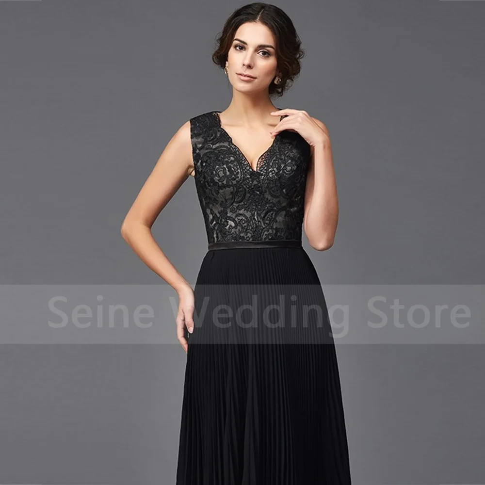 Abito formale nero per la madre 2022 scollo a v senza maniche in pizzo abiti per la madre della sposa Chiffon lunghezza del pavimento personalizzata Robe De Soiree