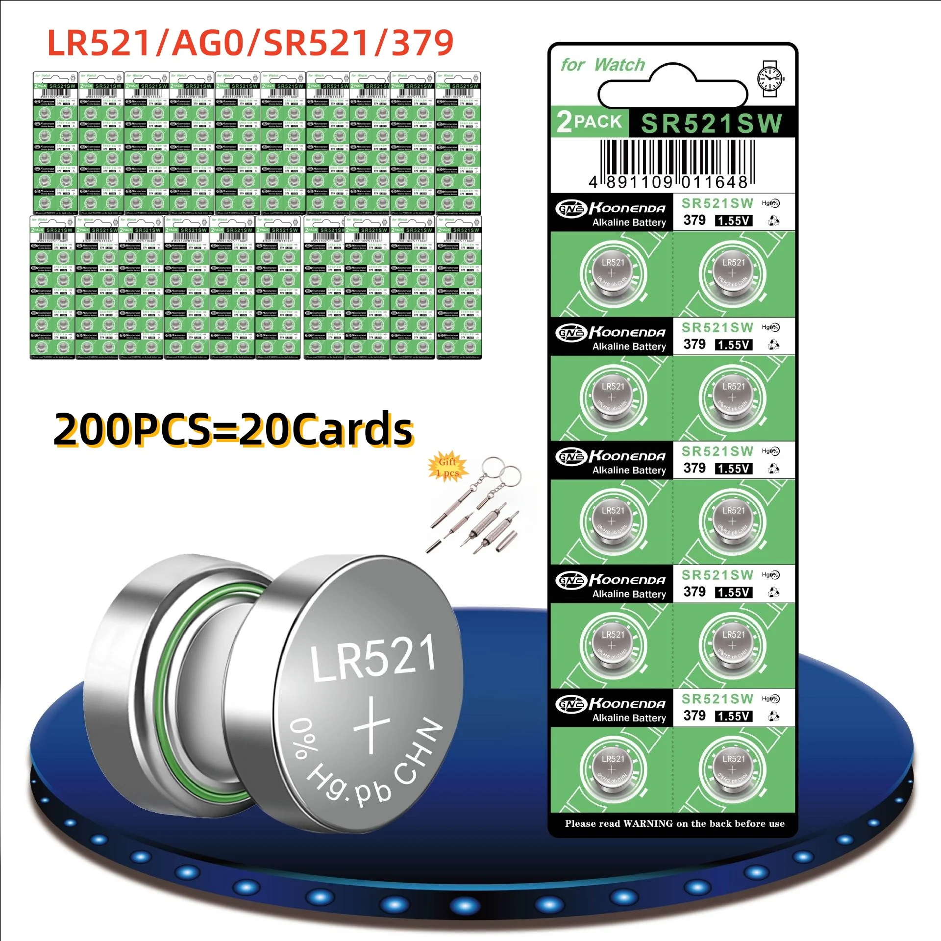 

200PCS AG0 Batteries LR521 SR521 379 1.5V Alkaline Button Cell Battery for Watch Calculators